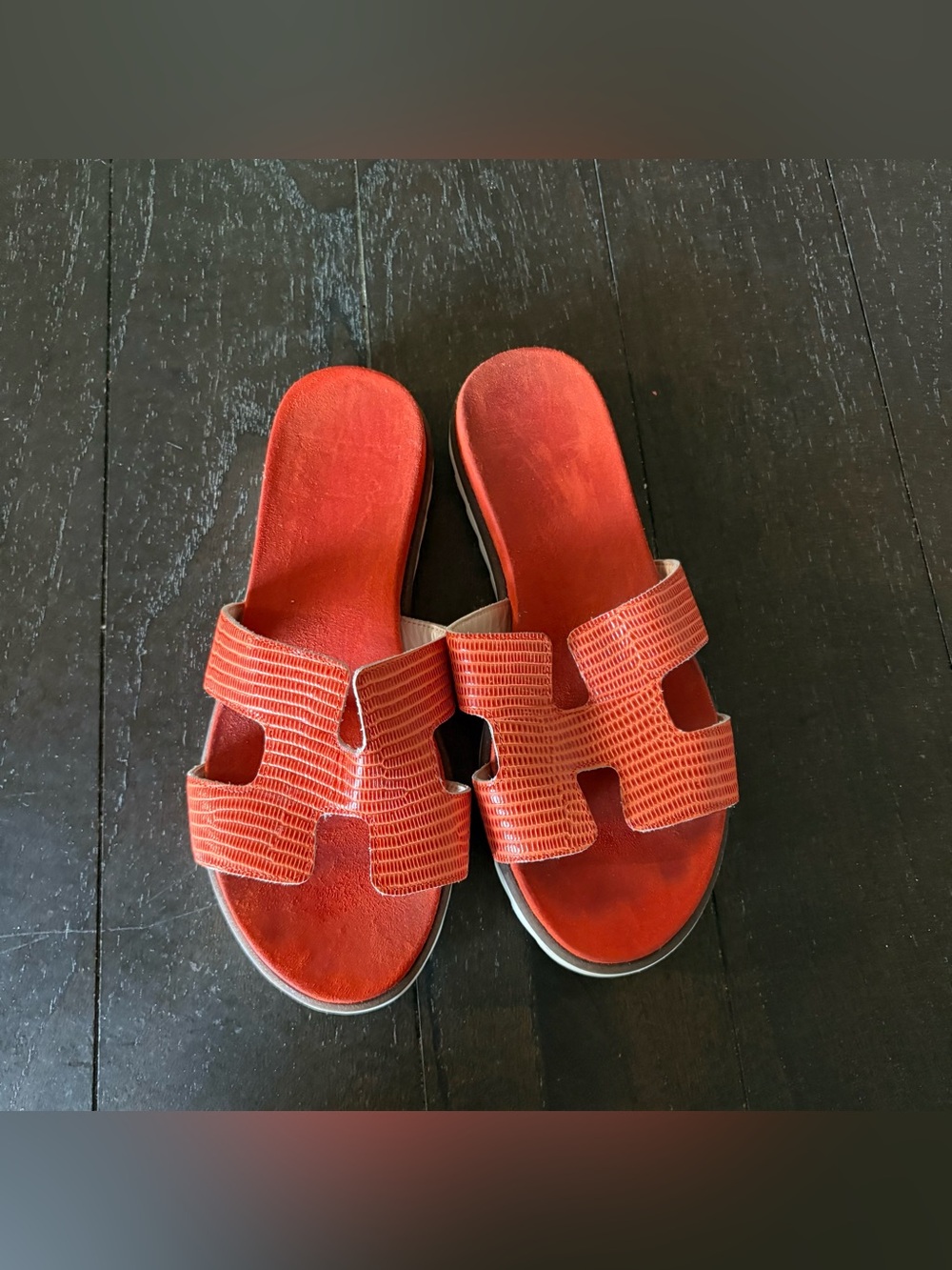 White Ribbed Platform Sandals with Orange Straps Embossed Size 35